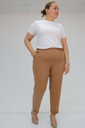 59008 Büyük Beden Beli Lastikli Duble Paça Pantolon - Taba