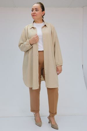 59008 Büyük Beden Beli Lastikli Duble Paça Pantolon - Taba