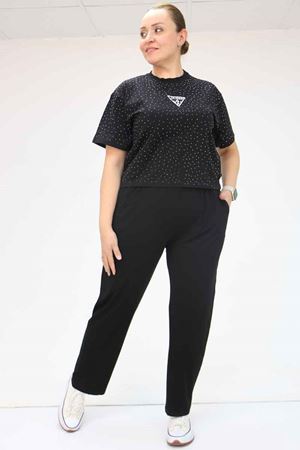 39001 Büyük Beden Yüksek Beli Lastikli Penye Pantolon - Siyah