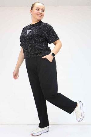 39001 Büyük Beden Yüksek Beli Lastikli Penye Pantolon - Siyah