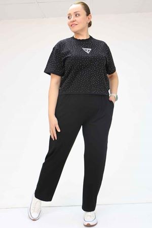 39001 Büyük Beden Yüksek Beli Lastikli Penye Pantolon - Siyah