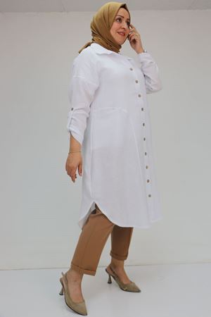 58071-1 Büyük Beden Önleri Torba Cepli Müslin Gömlek - Ekru