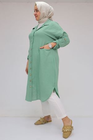 58071 Büyük Beden Önleri Torba Cepli Müslin Gömlek - Nefti