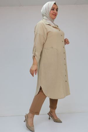 58071 Büyük Beden Önleri Torba Cepli Keten Gömlek - Bej