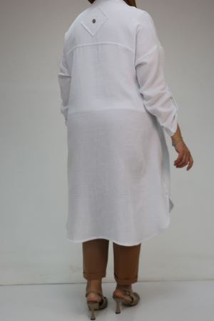 58071-1 Büyük Beden Önleri Torba Cepli Müslin Gömlek - Ekru