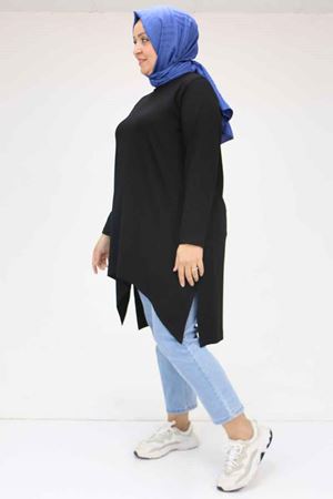 58070 Büyük Beden Asimetrik Kesim Penye Tunik - Siyah