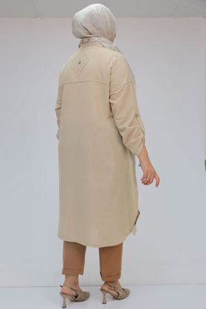 58071 Büyük Beden Önleri Torba Cepli Keten Gömlek - Bej