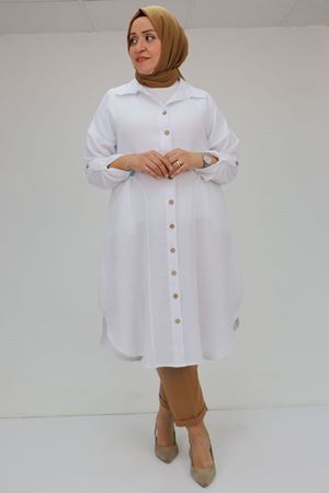 58071-1 Büyük Beden Önleri Torba Cepli Müslin Gömlek - Ekru