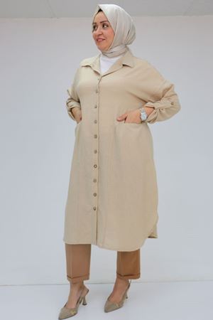 58071 Büyük Beden Önleri Torba Cepli Keten Gömlek - Bej