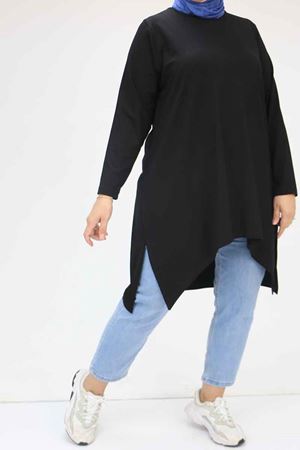 58070 Büyük Beden Asimetrik Kesim Penye Tunik - Siyah