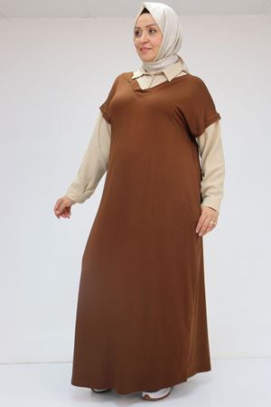 52009 Büyük Beden Kol Ve Yaka Garnili Penye Elbise - Kahve-Bej
