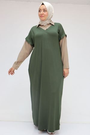 52009 Büyük Beden Kol Ve Yaka Garnili Penye Elbise - Haki-Vizon