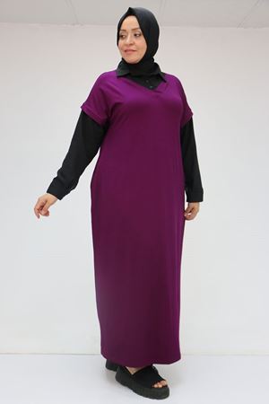 52009 Büyük Beden Kol Ve Yaka Garnili Penye Elbise - Mürdüm-Siyah