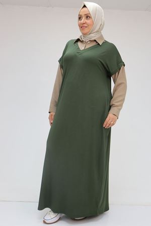 52009 Büyük Beden Kol Ve Yaka Garnili Penye Elbise - Haki-Vizon