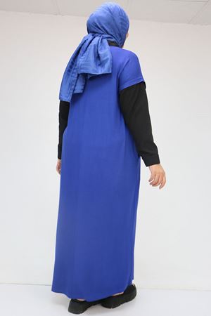 52009 Büyük Beden Kol Ve Yaka Garnili Penye Elbise - İndigo-Siyah