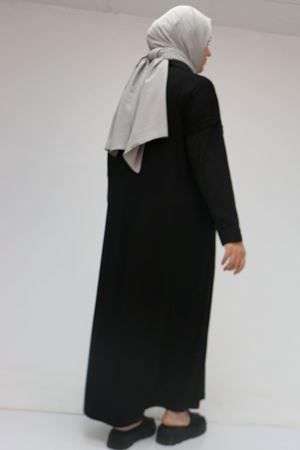 52009 Büyük Beden Kol Ve Yaka Garnili Penye Elbise - Siyah-Siyah