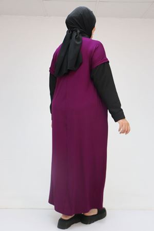 52009 Büyük Beden Kol Ve Yaka Garnili Penye Elbise - Mürdüm-Siyah