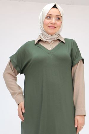 52009 Büyük Beden Kol Ve Yaka Garnili Penye Elbise - Haki-Vizon