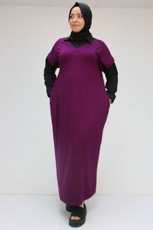 52009 Büyük Beden Kol Ve Yaka Garnili Penye Elbise - Mürdüm-Siyah