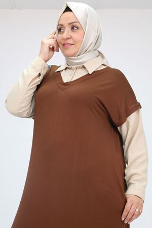 52009 Büyük Beden Kol Ve Yaka Garnili Penye Elbise - Kahve-Bej