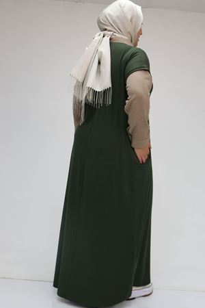 52009 Büyük Beden Kol Ve Yaka Garnili Penye Elbise - Haki-Vizon