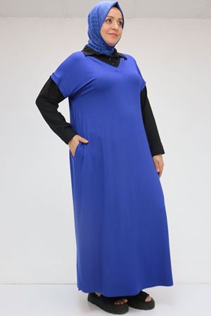 52009 Büyük Beden Kol Ve Yaka Garnili Penye Elbise - İndigo-Siyah