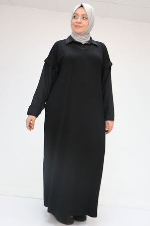 52009 Büyük Beden Kol Ve Yaka Garnili Penye Elbise - Siyah-Siyah