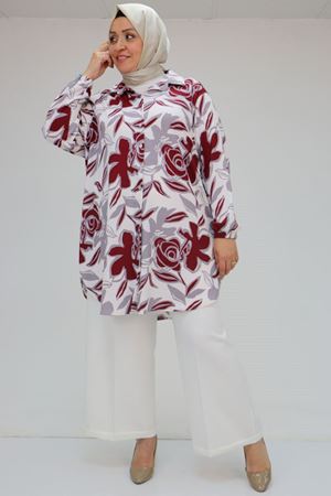 58031 Büyük Beden Erkek Yakalı Desenli Bürümcük Gömlek Tunik - Gri-Bordo