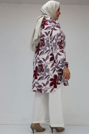 58031 Büyük Beden Erkek Yakalı Desenli Bürümcük Gömlek Tunik - Gri-Bordo