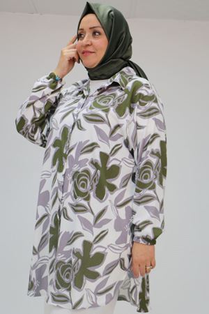 58031 Büyük Beden Erkek Yakalı Desenli Bürümcük Gömlek Tunik - Gri-Haki