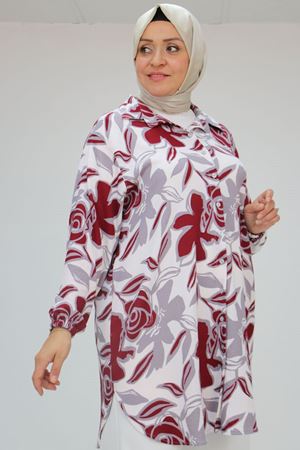 58031 Büyük Beden Erkek Yakalı Desenli Bürümcük Gömlek Tunik - Gri-Bordo