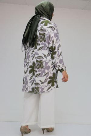 58031 Büyük Beden Erkek Yakalı Desenli Bürümcük Gömlek Tunik - Gri-Haki