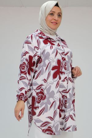 58031 Büyük Beden Erkek Yakalı Desenli Bürümcük Gömlek Tunik - Gri-Bordo