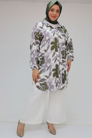 58031 Büyük Beden Erkek Yakalı Desenli Bürümcük Gömlek Tunik - Gri-Haki