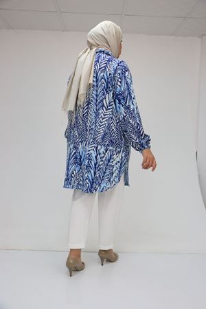 58031 Büyük Beden Erkek Yakalı Desenli Bürümcük Gömlek Tunik - Krem-İndigo