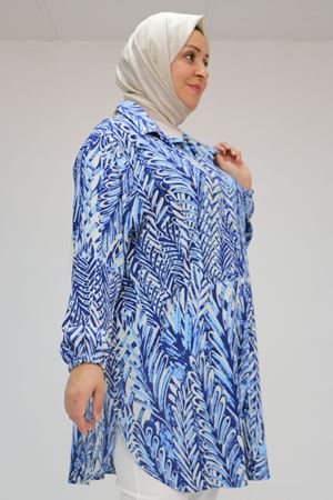 58031 Büyük Beden Erkek Yakalı Desenli Bürümcük Gömlek Tunik - Krem-İndigo