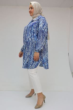 58031 Büyük Beden Erkek Yakalı Desenli Bürümcük Gömlek Tunik - Krem-İndigo