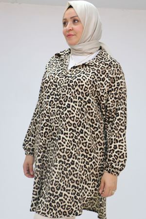 58031 Büyük Beden Erkek Yakalı Desenli Bürümcük Gömlek Tunik - Vizon-Bej