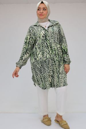 58031 Büyük Beden Erkek Yakalı Desenli Bürümcük Gömlek Tunik - Siyah-Nefti