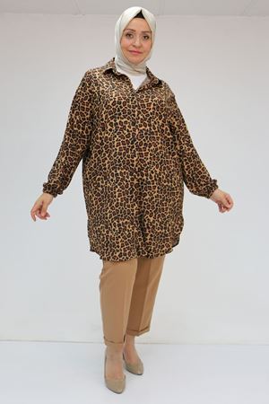 58031 Büyük Beden Erkek Yakalı Desenli Bürümcük Gömlek Tunik - Siyah-Leopar