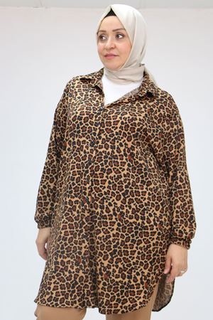 58031 Büyük Beden Erkek Yakalı Desenli Bürümcük Gömlek Tunik - Siyah-Leopar