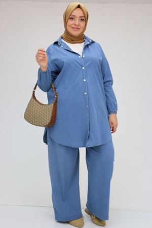 57033 Büyük Beden Kolları Lastikli Peteklil Kot  Pantolonlu Takım - Mavi