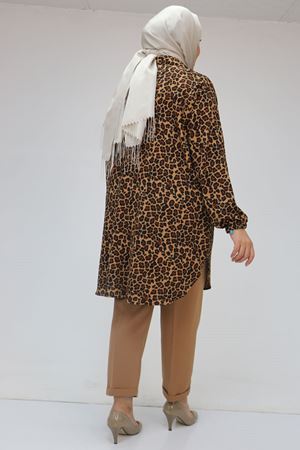 58031 Büyük Beden Erkek Yakalı Desenli Bürümcük Gömlek Tunik - Siyah-Leopar