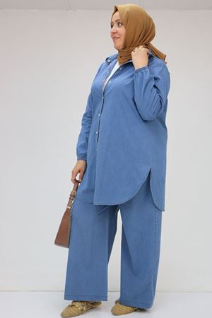 57033 Büyük Beden Kolları Lastikli Peteklil Kot  Pantolonlu Takım - Mavi