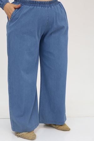 57033 Büyük Beden Kolları Lastikli Peteklil Kot  Pantolonlu Takım - Mavi