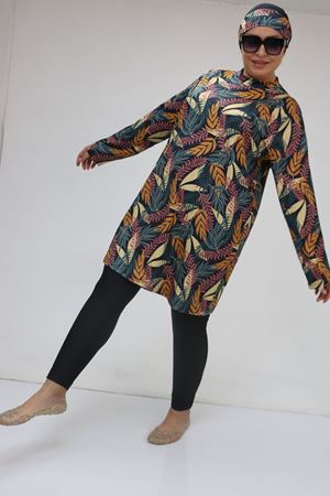 1727 Büyük Beden Uzunkol Tesettür Mayo Takım - Yaprak Desen Hardal