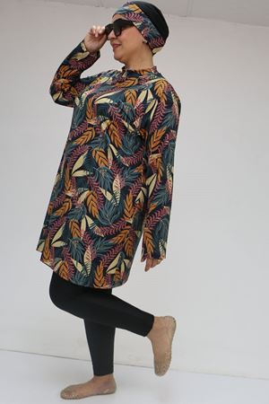 1727 Büyük Beden Uzunkol Tesettür Mayo Takım - Yaprak Desen Hardal