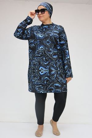 1727 Büyük Beden Uzun Kol Taytlı Tesettür Mayo Takım -  Aqua Mavi