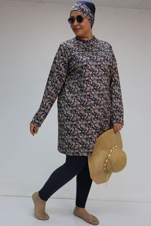 1727 Büyük Beden Uzunkol Tesettür Mayo Takım - Etnik Desen Lacivert