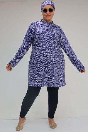 1727 Büyük Beden Uzunkol Tesettür Mayo Takım - Damla Desen Saks